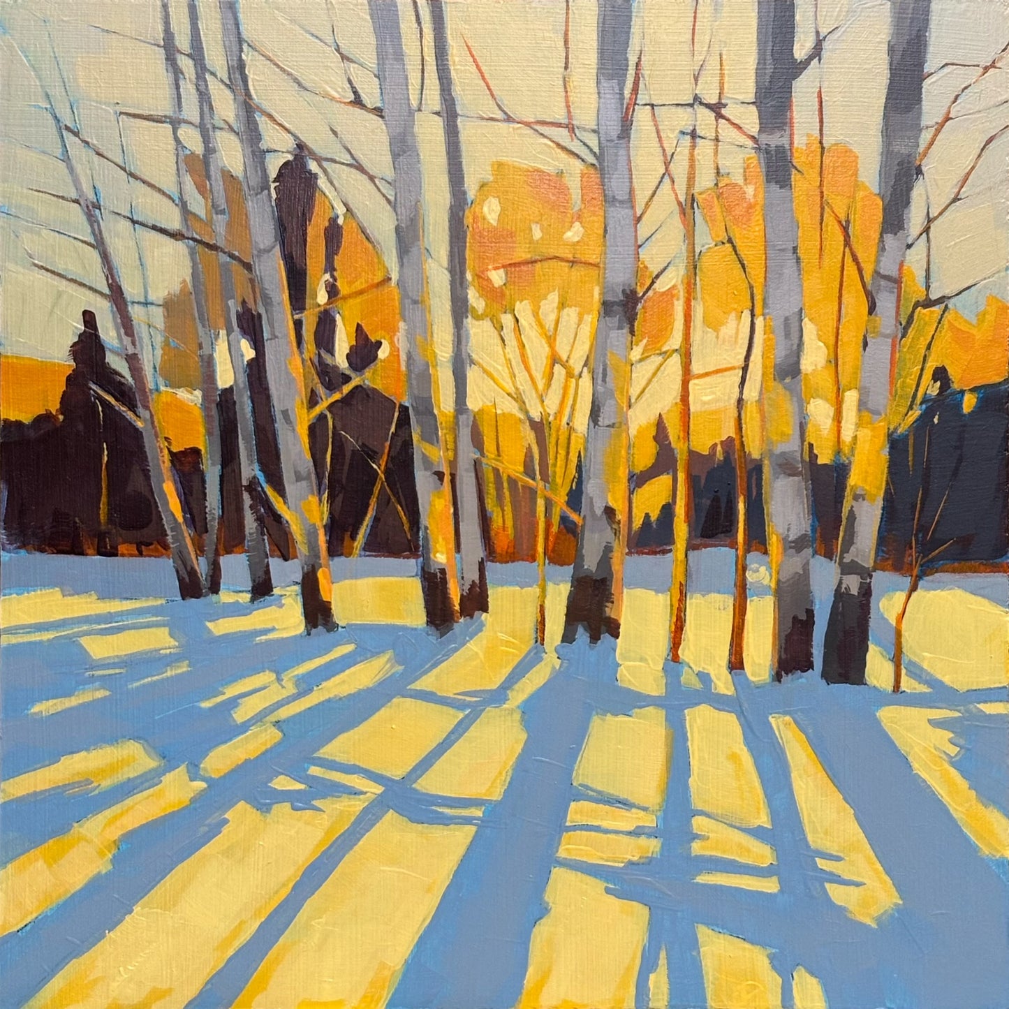 British landscape fine art print by Sarah Thomas, archival giclée reproduction from original painting.  Artistic depiction of a forest with yellow and blue colors