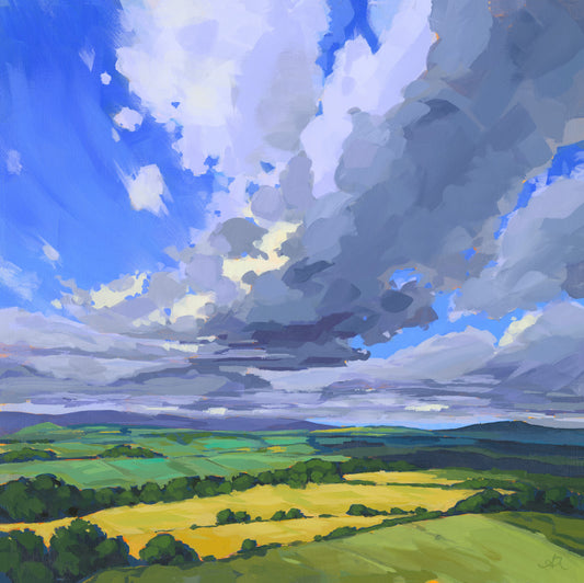 British landscape fine art print by Sarah Thomas, archival giclée reproduction from original painting.  Painting of a landscape with green fields and a blue sky with clouds