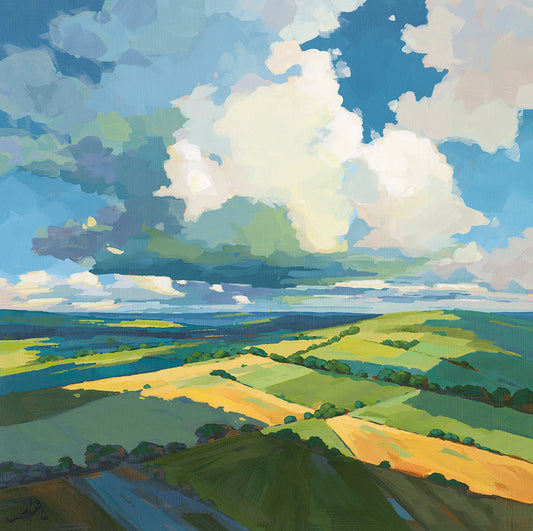British landscape fine art print by Sarah Thomas, archival giclée reproduction from original painting. Painting of a landscape with fields and a blue sky with clouds