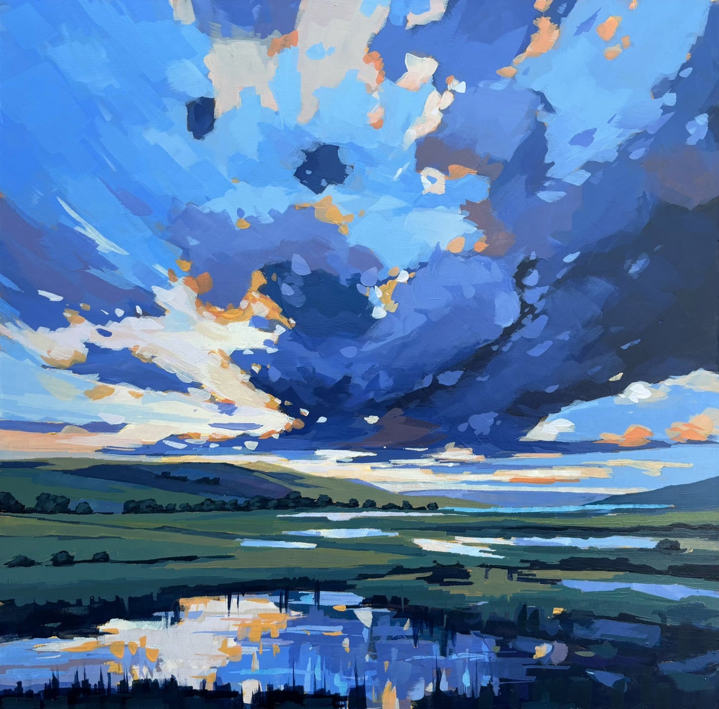 .  British landscape fine art print by Sarah Thomas, archival giclée reproduction from original paintingColorful landscape painting with a blue sky and green fields