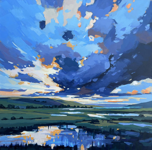 .  British landscape fine art print by Sarah Thomas, archival giclée reproduction from original paintingColorful landscape painting with a blue sky and green fields