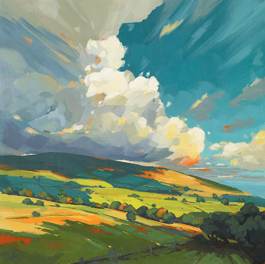 British landscape fine art print by Sarah Thomas, archival giclée reproduction from original painting.  Painting of a landscape with green fields, trees, and a large cloud in the sky.