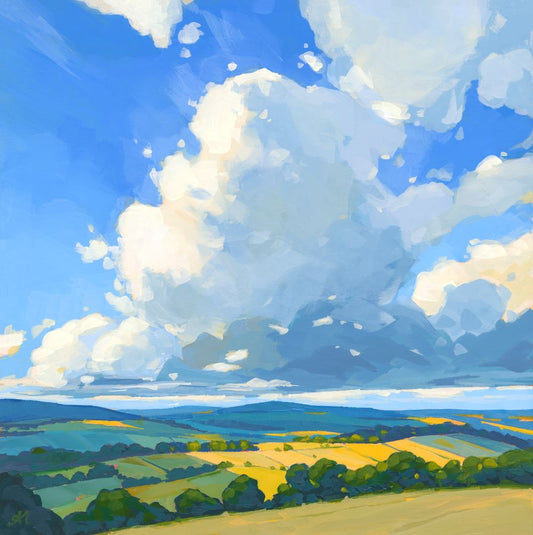 British landscape fine art print by Sarah Thomas, archival giclée reproduction from original painting.  Landscape with green fields and blue sky with white clouds