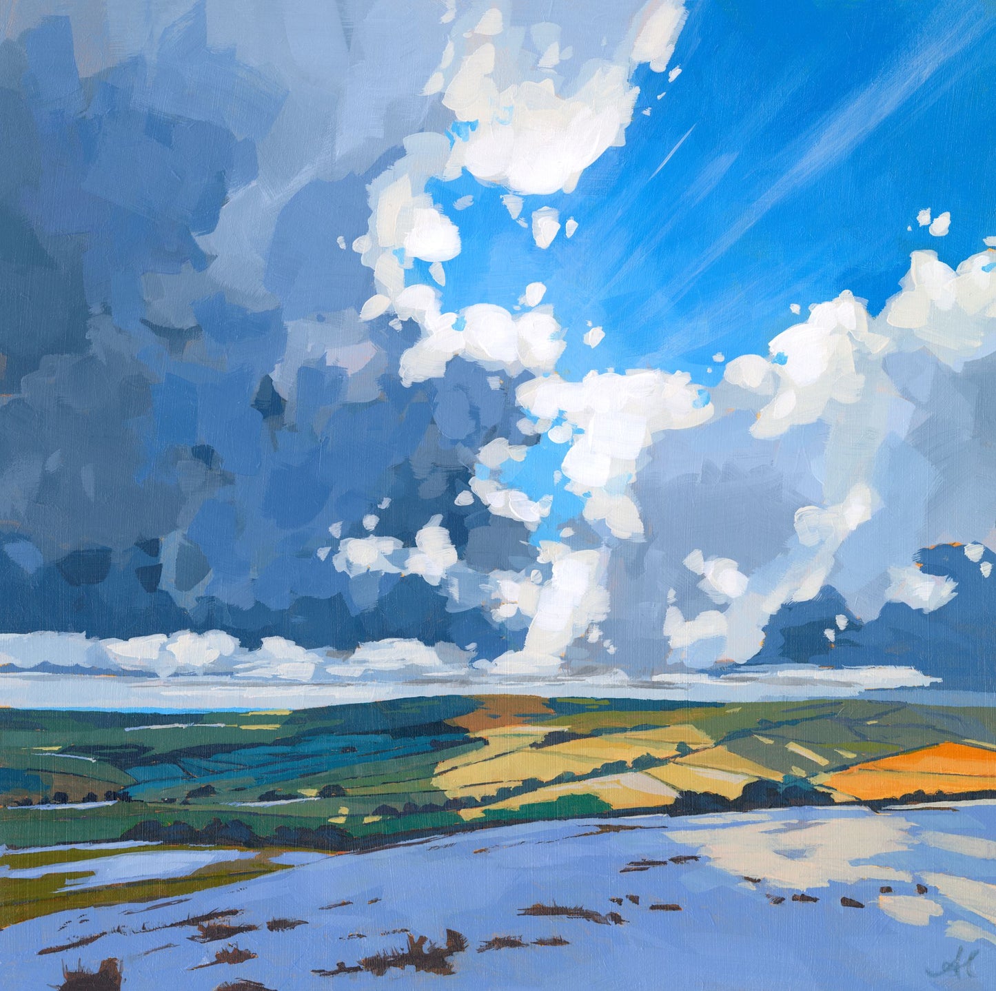 British landscape fine art print by Sarah Thomas, archival giclée reproduction from original painting.  Painting of a landscape with fields and a blue sky with clouds