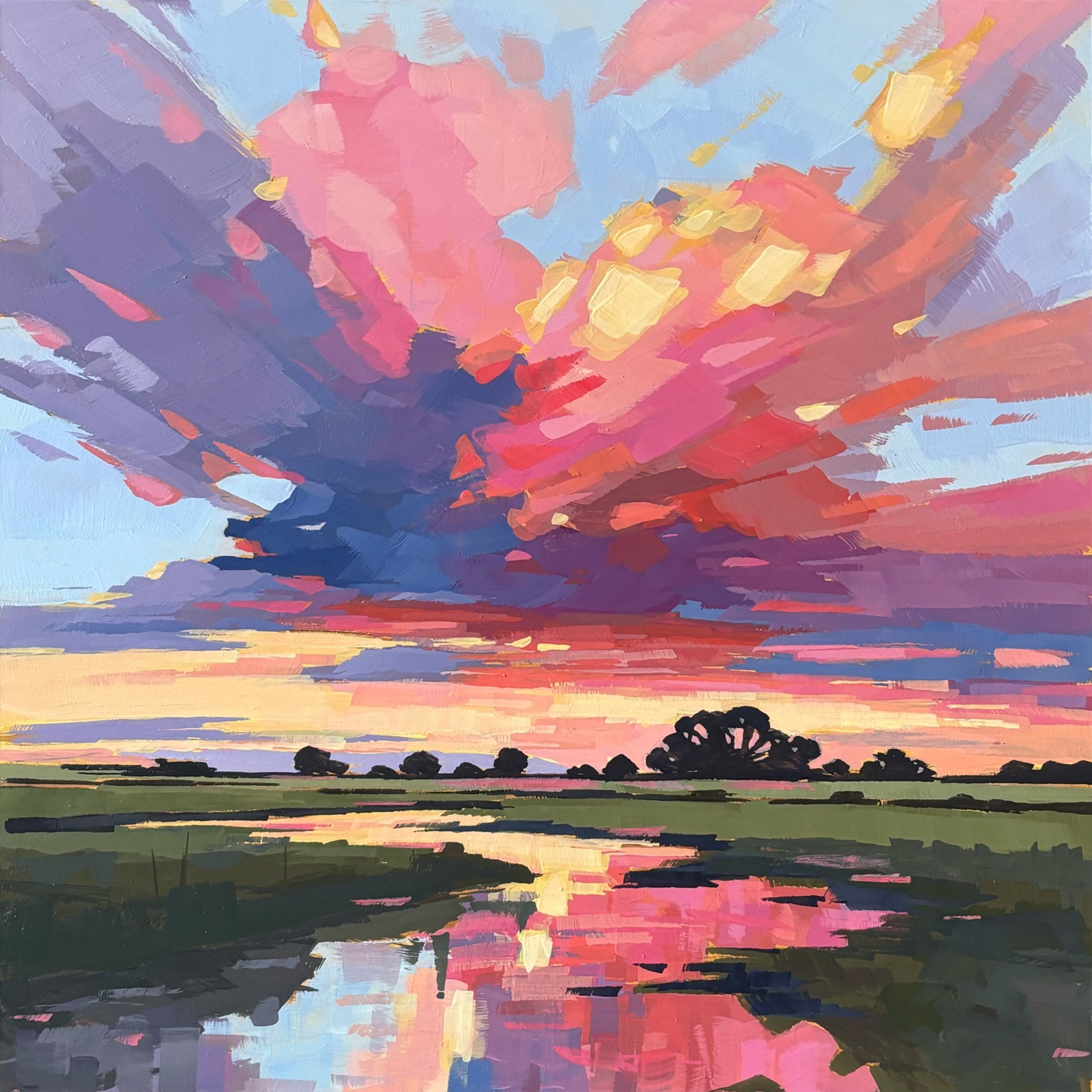 British landscape fine art print by Sarah Thomas, archival giclée reproduction from original painting.  Colorful sunset over a landscape with trees and water
