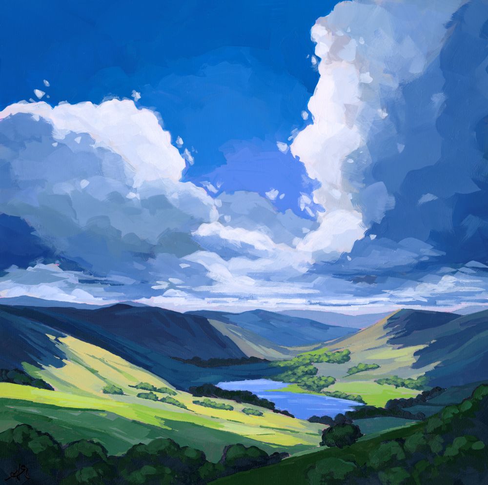 British landscape fine art print by Sarah Thomas, archival giclée reproduction from original painting.  Landscape with rolling hills, a river, and a blue sky with clouds.