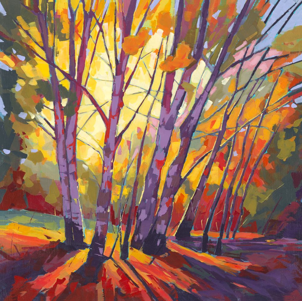 British landscape fine art print by Sarah Thomas, archival giclée reproduction from original painting.  Colorful painting of trees with autumn foliage