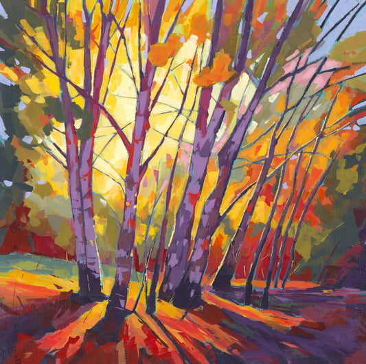 British landscape fine art print by Sarah Thomas, archival giclée reproduction from original painting.  Colorful painting of trees with autumn foliage