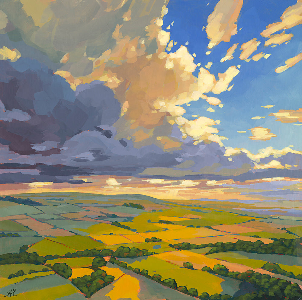 British landscape fine art print by Sarah Thomas, archival giclée reproduction from original painting.  Painting of a landscape with fields and a colorful sky