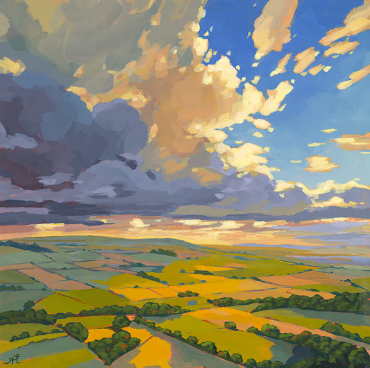 British landscape fine art print by Sarah Thomas, archival giclée reproduction from original painting.  Painting of a landscape with fields and a colorful sky