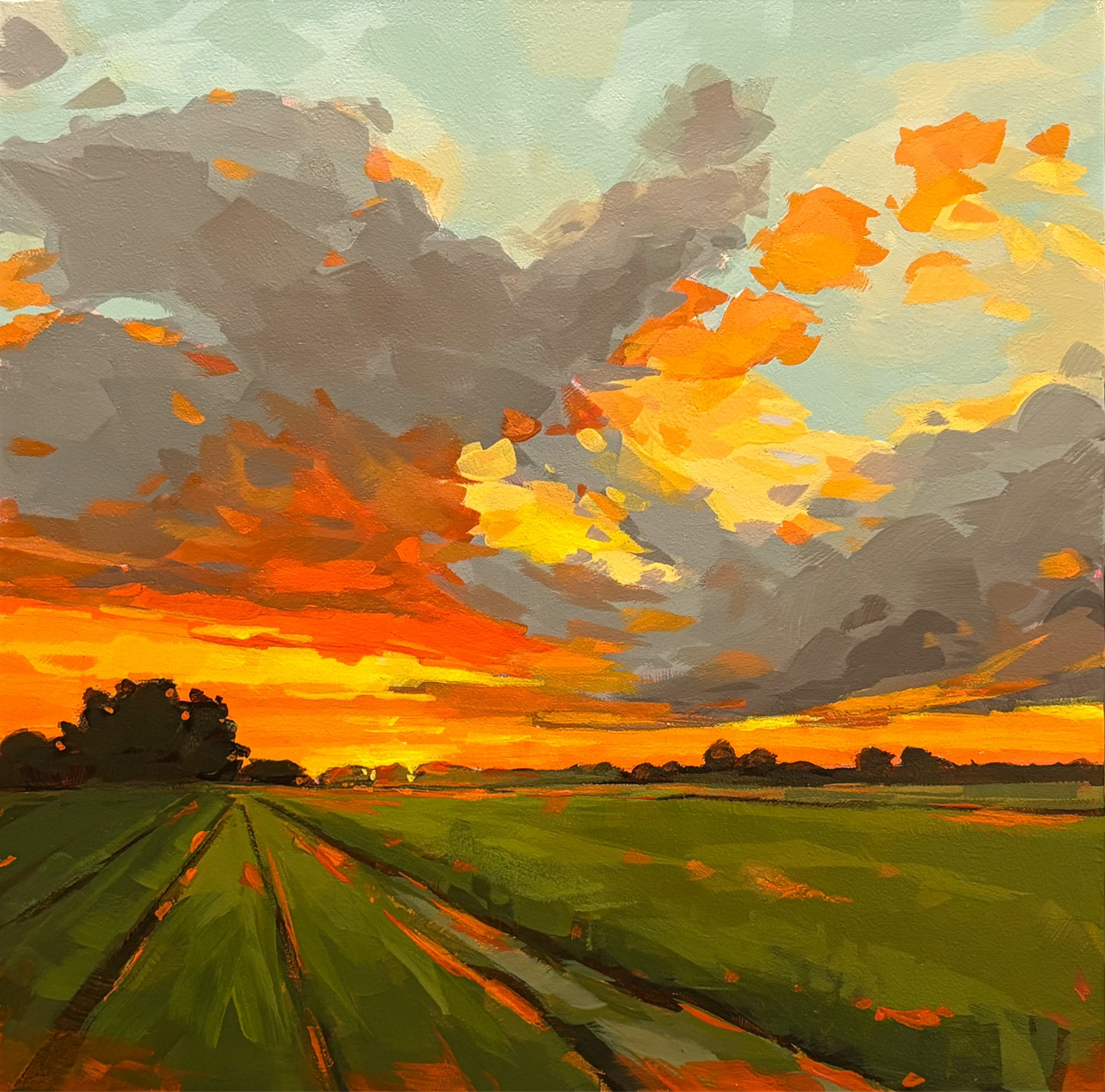 British landscape fine art print by Sarah Thomas, archival giclée reproduction from original painting.  Painting of a sunset over a field with trees