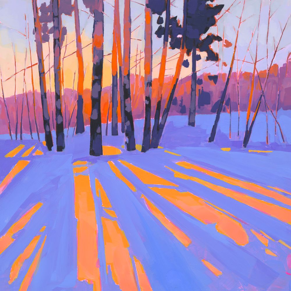 British landscape fine art print by Sarah Thomas, archival giclée reproduction from original painting.  Artistic depiction of a snowy forest with orange and purple hues