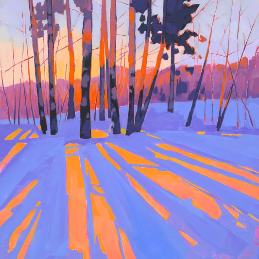 British landscape fine art print by Sarah Thomas, archival giclée reproduction from original painting.  Artistic depiction of a snowy forest with orange and purple hues