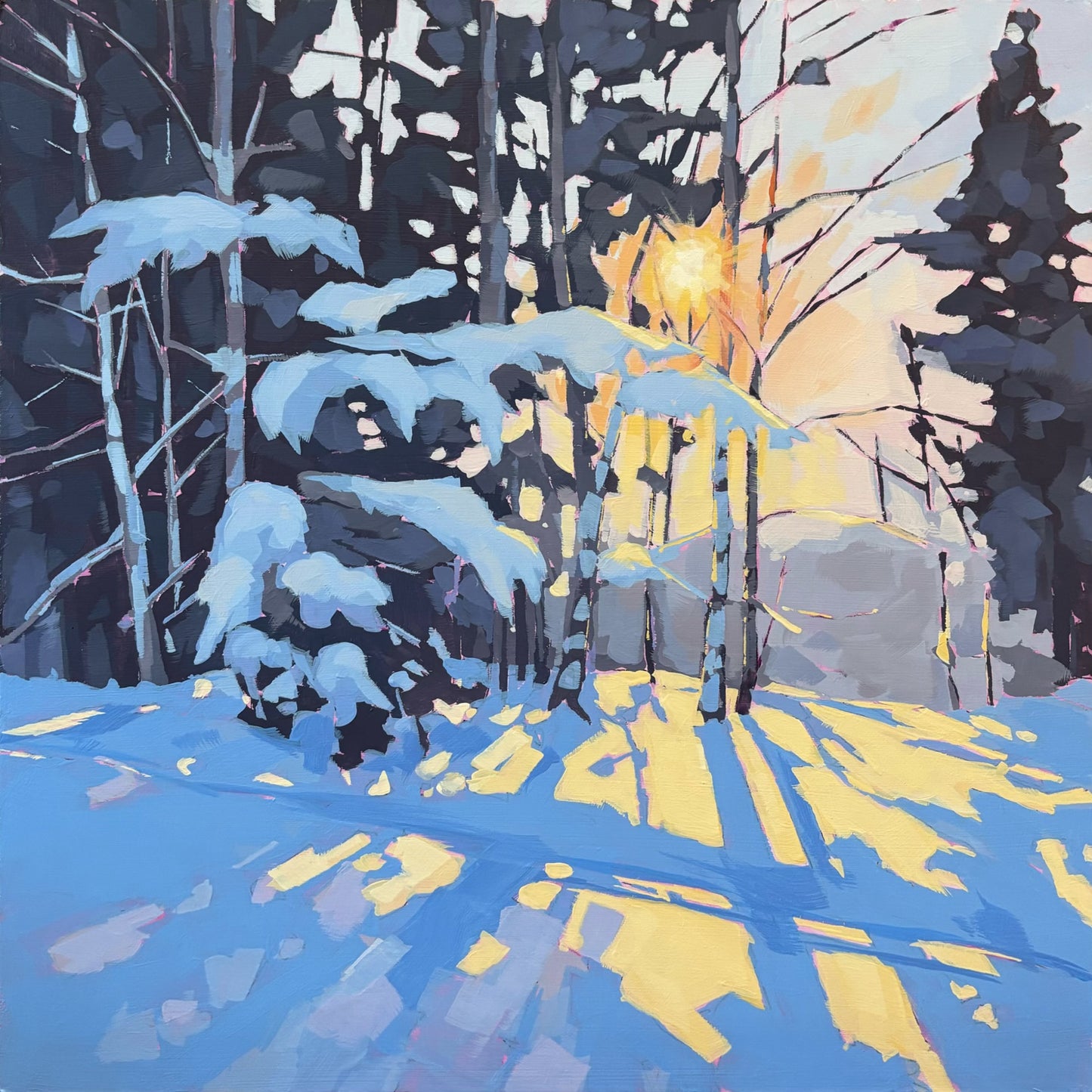British landscape fine art print by Sarah Thomas, archival giclée reproduction from original painting.  Winter forest scene with snow-covered trees and a bright light source in the background