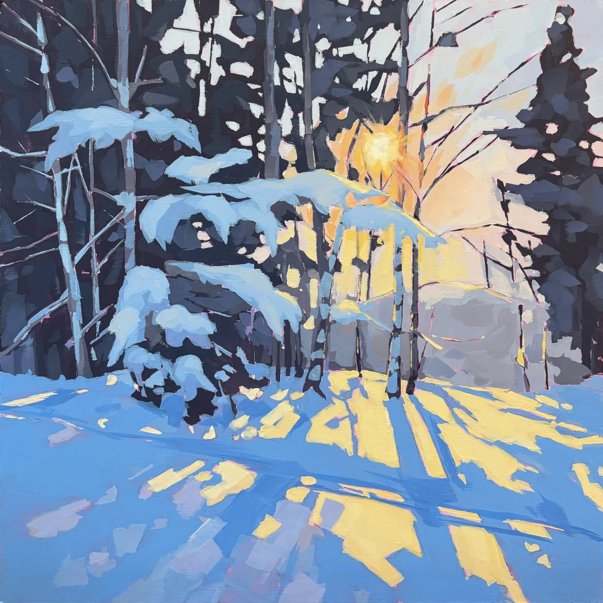 British landscape fine art print by Sarah Thomas, archival giclée reproduction from original painting.  Winter forest scene with snow-covered trees and a bright light source in the background