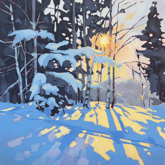 British landscape fine art print by Sarah Thomas, archival giclée reproduction from original painting.  Winter forest scene with snow-covered trees and a bright light source in the background