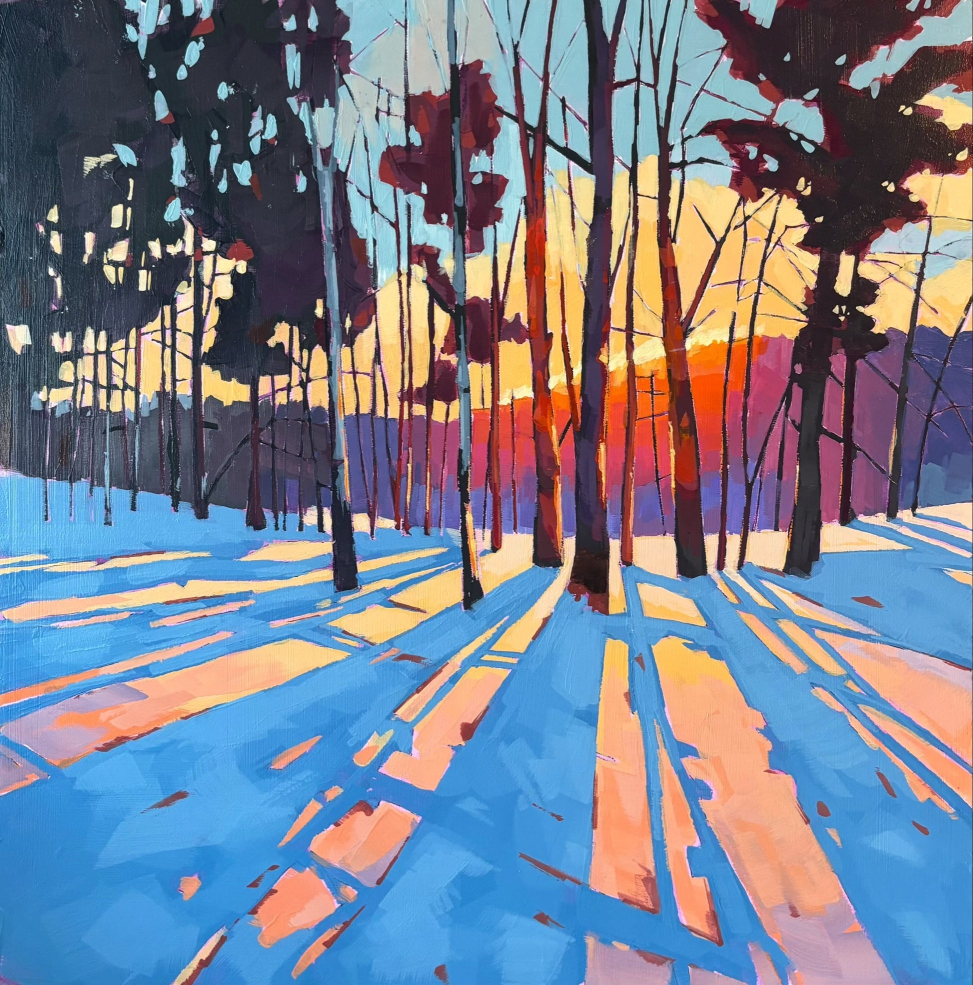 British landscape fine art print by Sarah Thomas, archival giclée reproduction from original painting.  Colorful forest landscape with trees and a sunset sky.